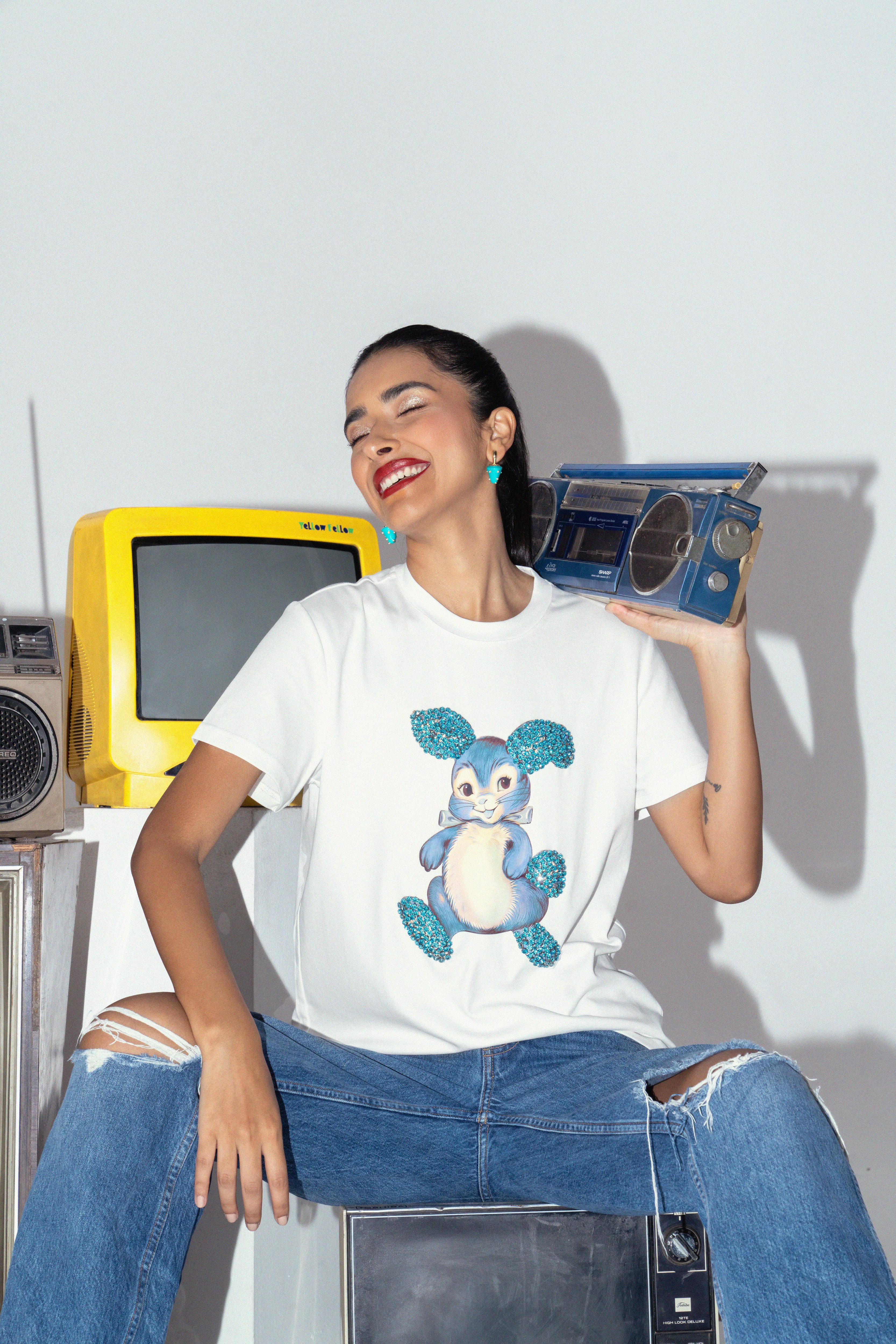 Sahi London Bunny Graphic Embroidered Women’s Cotton T-Shirt - Gray - Large