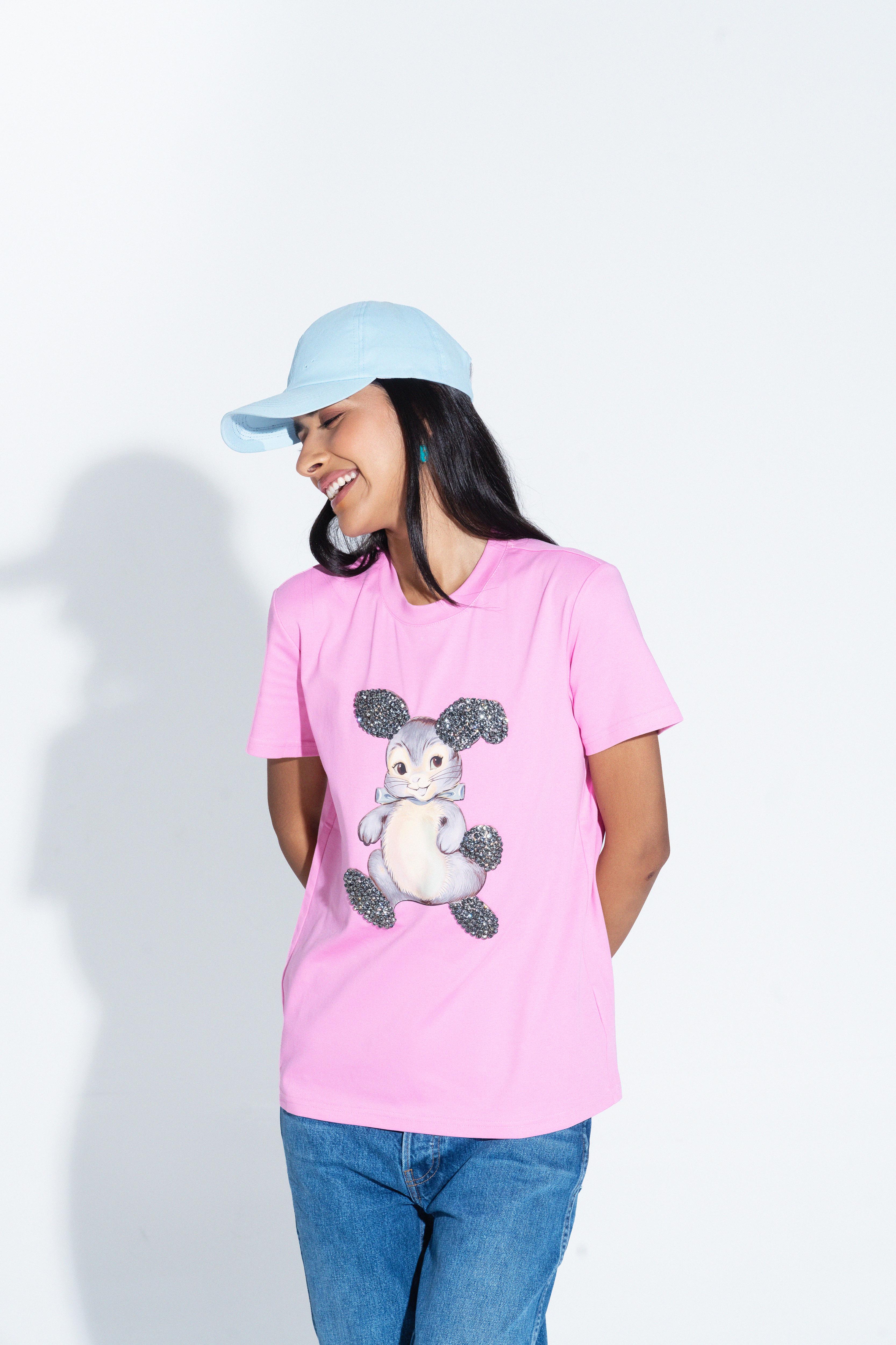 Sahi London Bunny Graphic Embroidered Women’s Cotton T-Shirt - Gray - Large